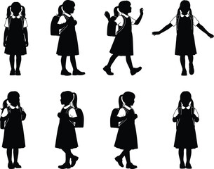 Schoolgirl silhouette vector set, black female student poses, backpack, pigtails, walking, standing, gesture, uniform, education, character design, isolated