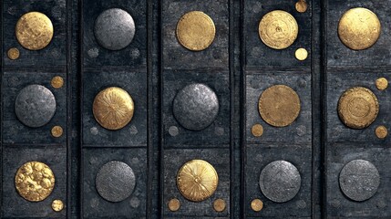 Gold and Silver Medallion Grid on Weathered Wood