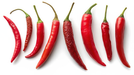 Isolated against a white backdrop are fiery red chili peppers. A group or assortment 