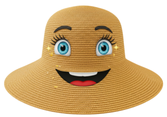 Isolated straw hat with cartoon eyes, eyebrows and mouth smiling cheerful summertime