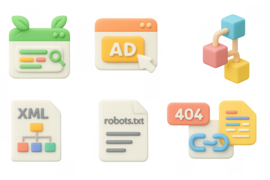 Colorful 3d icons set featuring web elements and error symbols