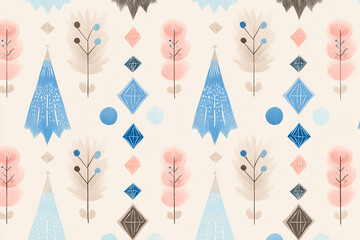 pastel mid century modern christmas pattern with repeating trees ornaments and diamonds in peach buttercream and powder blue tones retro holiday design on ivory background