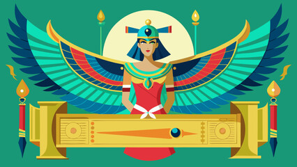 Stylized egyptian goddess with wings and hieroglyphic altar