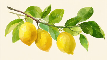 Three yellow lemons hanging from a branch with fresh green leaves vector illustration. Vibrant colors and natural textures bright lemons on the tree branch.Natural textures and vibrant colours
