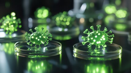 Close up of green virus cells on petri dishes in a laboratory setting with blurred background