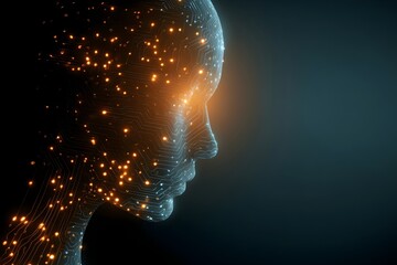 Futuristic AI concept with glowing human head silhouette and digital circuit pattern