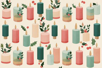 christmas pattern in mid century modern style with stylized candles and holly leaves in geometric forms pastel mint dusty rose and cream palette retro holiday design on ivory background