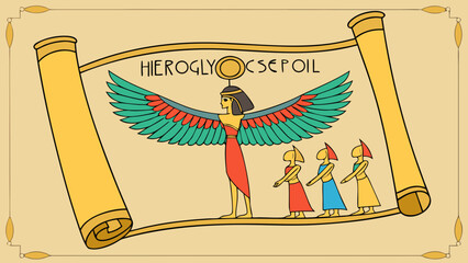 Ancient egyptian scroll depicting goddess isis and procession