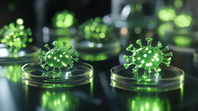 Close up of green virus cells on petri dishes in a laboratory setting with blurred background