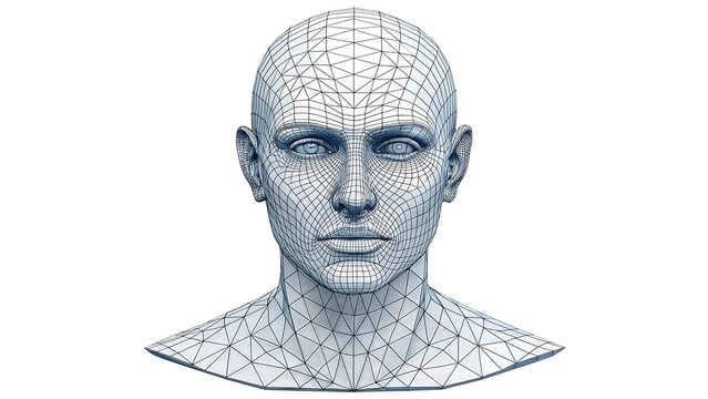 3d wireframe human head model isolated on white background
