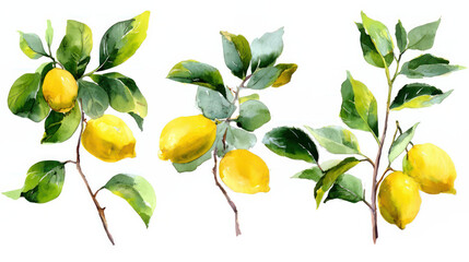 Obraz premium Illustrations of lemons in watercolour. For creative projects, hand-painted lemon branches with verdant foliage on a white backdrop. 