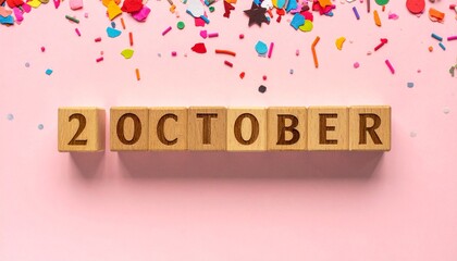 Wooden Blocks with Date 2 October. Calendar for birthday or anniversary on solid colored background with confetti