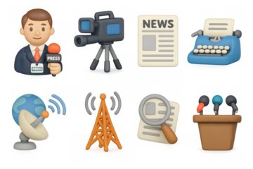 Journalism and communication icons with 3d cartoon style