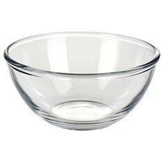 A clear glass mixing bowl with a smooth rim and rounded base isolated on transparent background