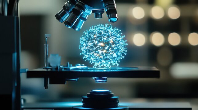 A microscope examining a glowing blue virus particle on a slide in a laboratory setting