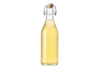 Isolated vintage glass bottle filled with fizzy yellow drink, metal swing top and lid