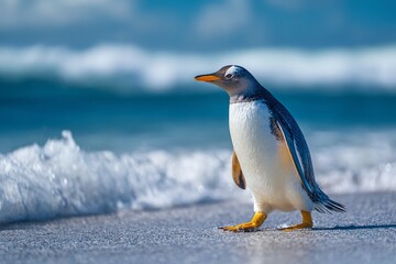Fototapeta premium Gentoo Penguin Walking on Sandy Beach Shoreline bird