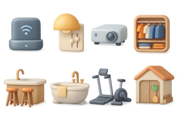 3d home essentials icons: smart devices, furniture, and fitness equipment