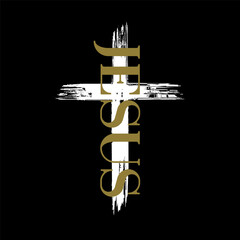 Jesus - inscription with silhouette grunge cross. Christian creative typography t-shirt design for church merch or youth apparel. Vector illustration