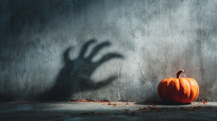 A minimalist Halloween concept featuring a pumpkin and the hand shadow of a witch or zombie. An imaginative, eerie, and enjoyable holiday backdrop 