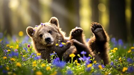 A cute bear cub playfully rolls in a sun-drenched meadow filled with vibrant wildflowers.
