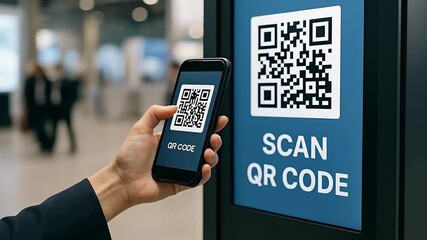 Hand scanning QR code with smartphone on digital display in public for contactless service and information access - Powered by Adobe