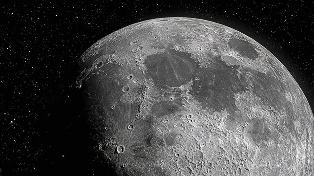 Artistic moon close-up with detailed surface texture, dramatic lighting emphasizing crater rims, deep starfield background