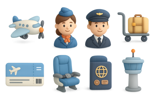 3d aviation icons featuring pilots, flight attendant, airplane, and travel essentials