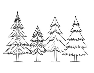 Four simple sketch trees in black ink
