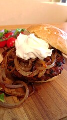 Gourmet burger with caramelized onions