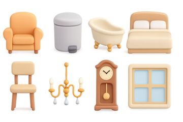 Cozy home elements in 3d with armchair, bathtub, bed, and more essentials