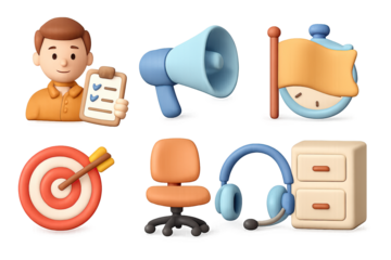 3d business icons set with clipboard, megaphone, stopwatch, target, chair, headphones, file cabinet