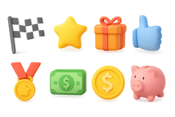 Colorful 3d icons: game elements and finance symbols with neon glow