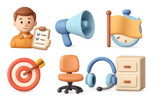 3d business icons set with clipboard, megaphone, stopwatch, target, chair, headphones, file cabinet