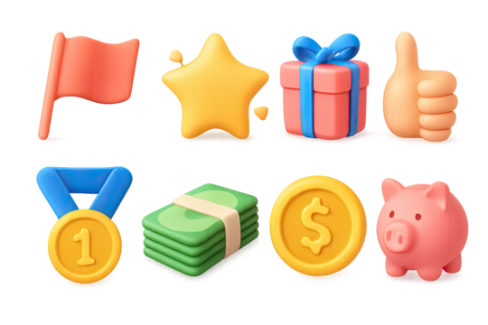 Colorful 3d icons of common objects on gradient background for creative projects