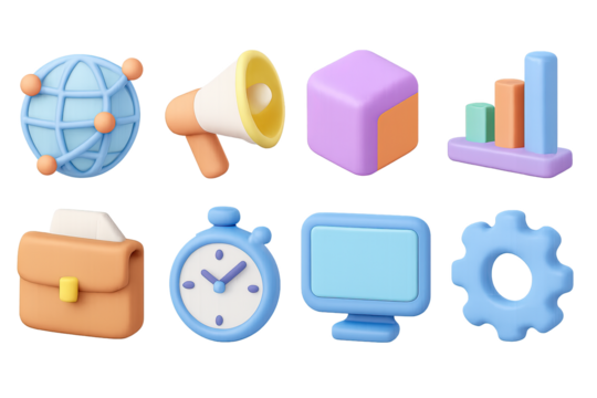 3d pastel icons set featuring technology and business essentials