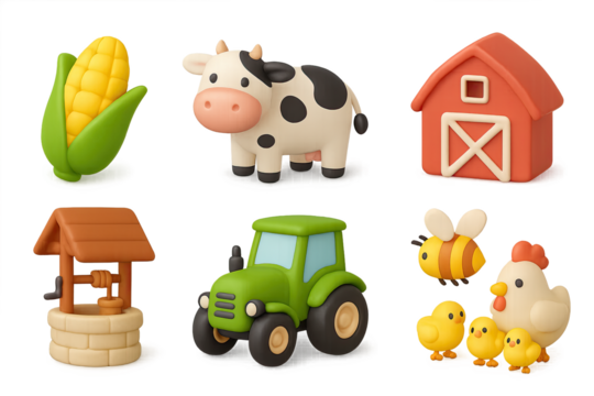 Farm animals and equipment in cute pastel 3d art style for children