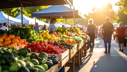 A vibrant farmer's market scene at sunset, showcasing fresh produce like tomatoes and leafy greens with people browsing and sunlight