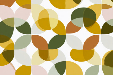 mid century modern geometric pattern with overlapping circles and semicircles in muted terracotta olive and mustard tones on ivory background clean retro illustration