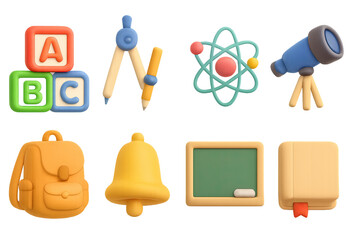 Colorful 3d education icons with school supplies and learning tools