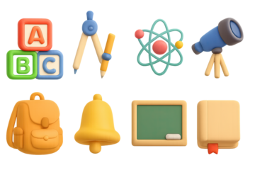 Colorful 3d education icons with school supplies and learning tools
