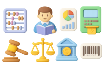 Colorful 3d business icons: finance, law, and technology concepts