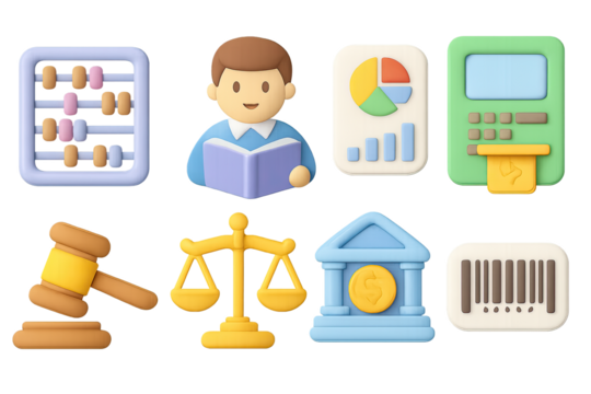 Colorful 3d business icons: finance, law, and technology concepts
