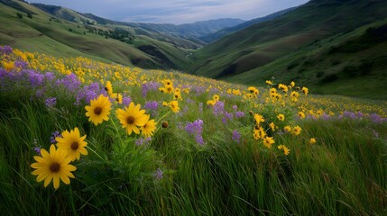 Obraz premium A serene meadow of wildflowers at dawn with golden light and a solitary sunflower standing tall
