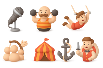 Vintage circus icons featuring strongman, acrobat, microphone, anchor, and tent
