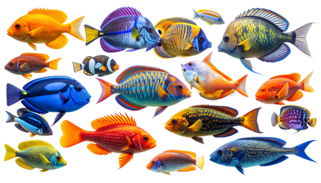 Fishes PNG, Transparent Background, Freshwater and Sea Fish Collection, Colorful Fishes PNG, Tropical Marine Life, Aquarium Fishes Illustration, Seafood PNG, Exotic Ocean Fishes - Powered by Adobe