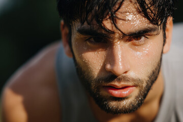 Fototapeta premium closeup of man forehead glistening with sweat his gaze focused downward during outdoor workout