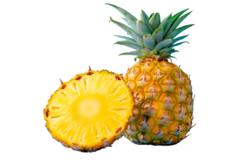 Whole pineapple and a half pineapple isolated on transparent background
