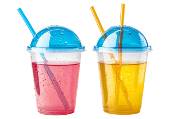 Two refreshing fruit drinks with straws isolated on transparent background