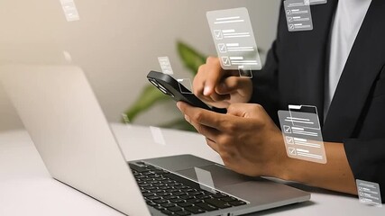 Business professional uses smartphone with digital data overlays, working on laptop - Powered by Adobe